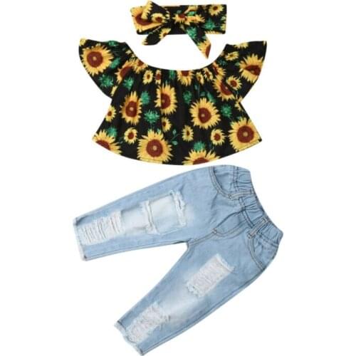 Fashion Summer Toddler Baby Girl Clothes Sunflower T shirt Tops + Denim Hole Long Pants Jeans 2PCS Outfits Set 1-4T