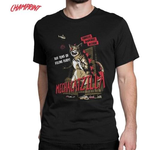 Men Mecha Catzilla T Shirts Japanese Cat Kitten Lover 100% Cotton Clothes Vintage Short Sleeve Tee Shirt Plus Size T-Shirt