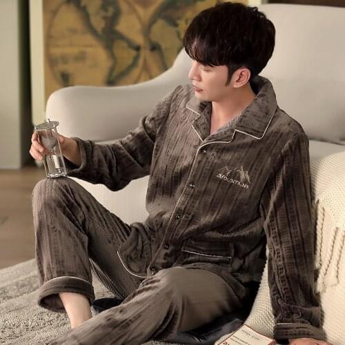 Male Two-Piece Homewear Suit Oversize Pajamas Thick Flannel Autumn Winter Leisure Coral Velvet Sleepwear Noble халат мужской