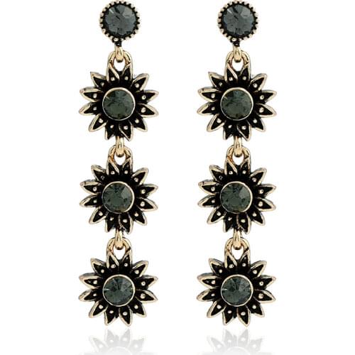 New Vintage Antique Silver Color Grey Flower Shaped Pendant Long Drop Earrings for Women Fashion Party Jewelry