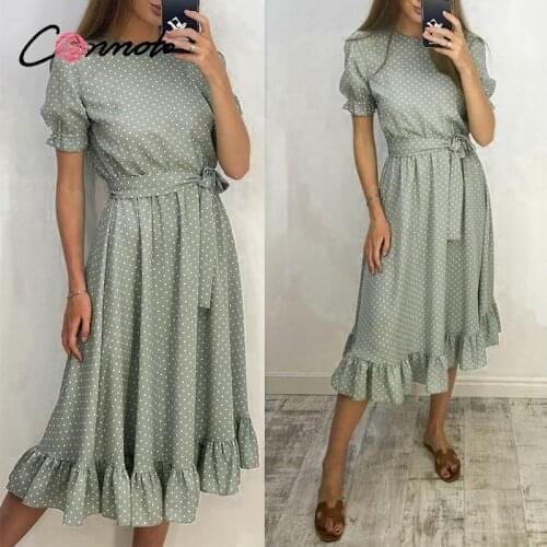 Conmoto Chic polk dot women midi dress spring summer Elegant puff sleeve o-neck dresses female High waist sash dress ruffled new