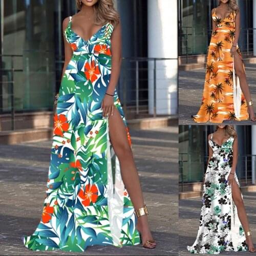 2021 Best Quality Famous Brand Dress Print Spaghetti Strap V-neck Summer Beach Bodycon Maxi Dress Vestidos