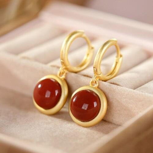 S925 Sterling Silver Palace Museum New Natural South Red Agate Hetian White Jade Earrings Retro Classic Womens Elegant Earrings