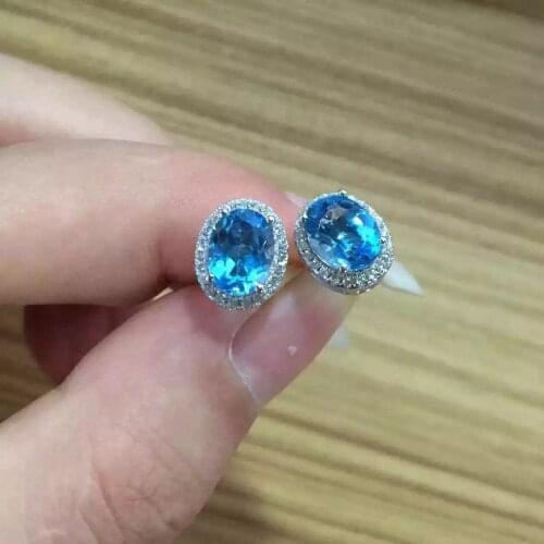 Natural blue topaz stud earrings 925 silver natural gemstone stone earrings round for women party fine round Earrings jewelry