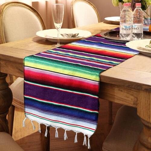 OurWarm 14x84 inch Mexican Serape Table Runner with PomPom Trim for Mexican Party Wedding Decorations Fringe Cotton Table Runner