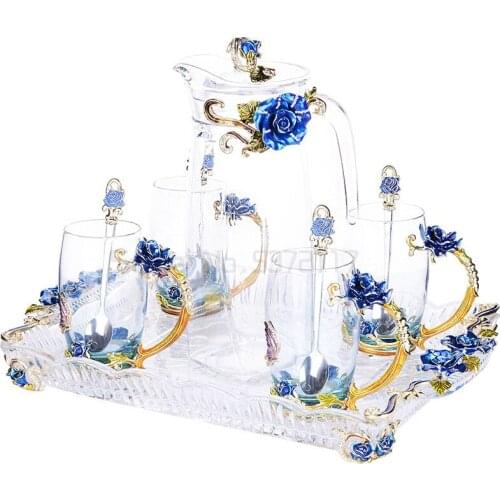 Red Rose Enamel Crystal Flower Glass Teapot Hot and Cold Drinks Home Drink Office Kettle Tea Set Coffee Pot