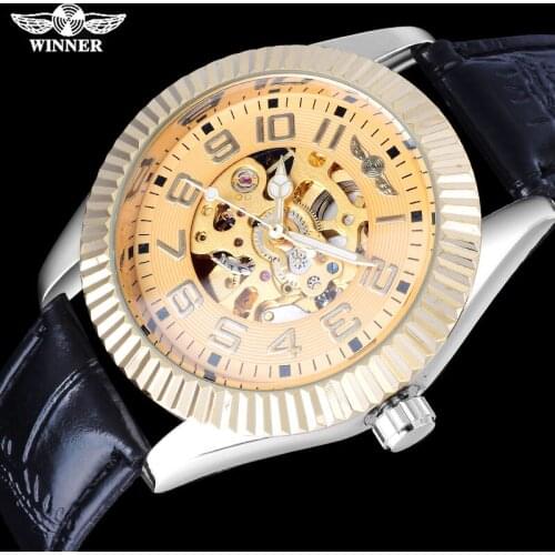 WINNER fashion men mechanical watches leather strap casual brand mens automatic skeleton gold case watches relogio masculino