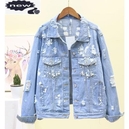 Spring Autumn New Womens Vintage Wash Pearls Pockets Cowboy Outerwear Coats Long Sleeve Hole Ripped Loose Female Denim Jackets