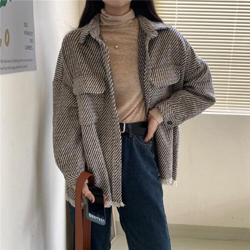 2021 Spring Autumn New Vintage Houndstooth Shirts Vintage Tassel Loose Wild Long Sleeve Jacket Casual Street Lady Outwears