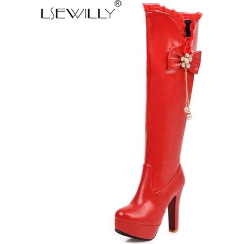 Lsewilly big size 33-48 fashion knee high boots women zip high heels autumn winter boots bow tie platform ladies boots 2020 new