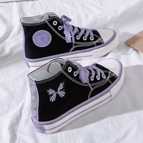 Shoes For Women 2021 High-Top Canvas Casual Sneakers Purple Butterfly Embroidery Girls Reflective Black Sports Flat Espadrilles