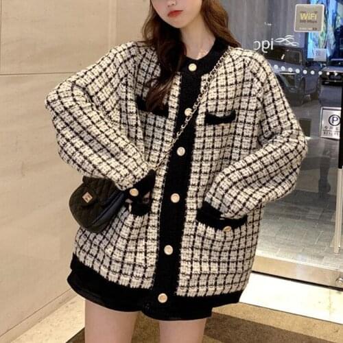 Women Tops Autumn 2020 New Sweater Coat Retro Shirt Check Long Sleeve Single Breasted Plaid Loose Knit Cardigan Tide Ladies 828J