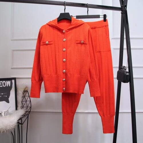 2021 Spring Hooded Knit Sweaters Set Female Casual Tracksuits 2pcs Single Breasted Tops+Harem Pants Two Pieces Set high quality