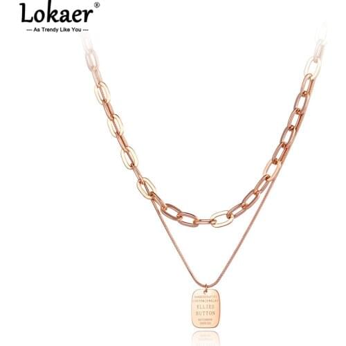 Lokaer Fashion Double Layer Stainless Steel Square Charm Pendant Necklace Bohemia Link Chain Choker Necklace For Women N21087