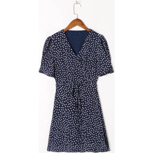 Summer womens casual flower print V-neck short-sleeved belt decoration Slim dress