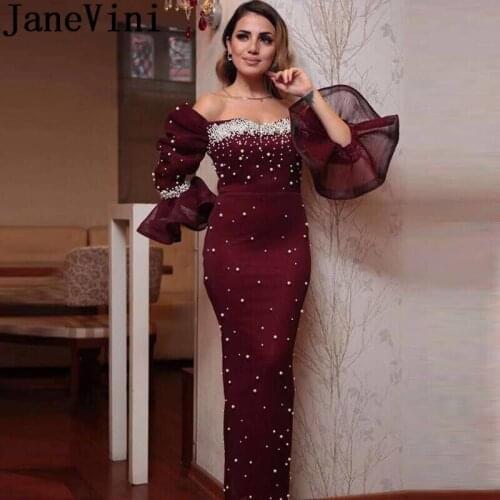 JaneVini Arabic Ladies Long Evening Dresses Burgundy Pearl Moroccan Caftan Sexy Off Shoulder Party Gown Dubai Formal Longue Robe