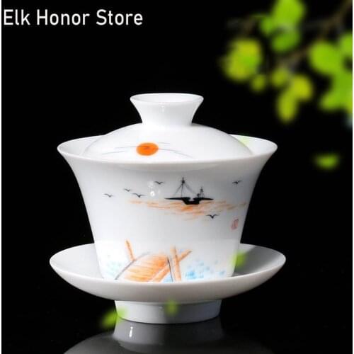 160ml Dehua White Porcelain Tea Tureen Handmade Sailing Sailboat Art Tea Bowl With Saucer Lid Kit Master Home Decoration Gifts