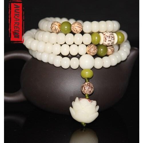 Natural White Jade Bodhi Bracelet 108 Prayer Beads Bracelet Resin Lotus Pendant Fashion Accessories Keep Us Safe Unisex