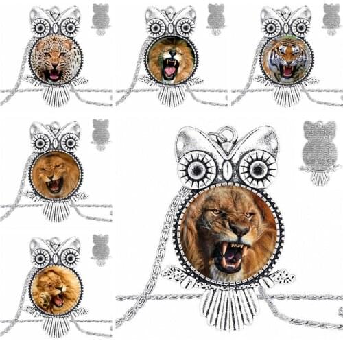 EJ Glaze Jewelry Plated Glass Cabochon Choker Long Pendant Owl Necklace For Women Kids Tiger Picture
