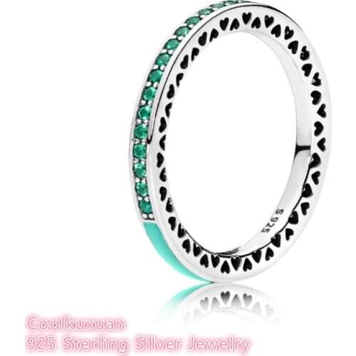 European Style Original 925 Sterling Silver Rings Radiant Hearts Bright Mint Enamel & Royal Green Crystals Rings for Women