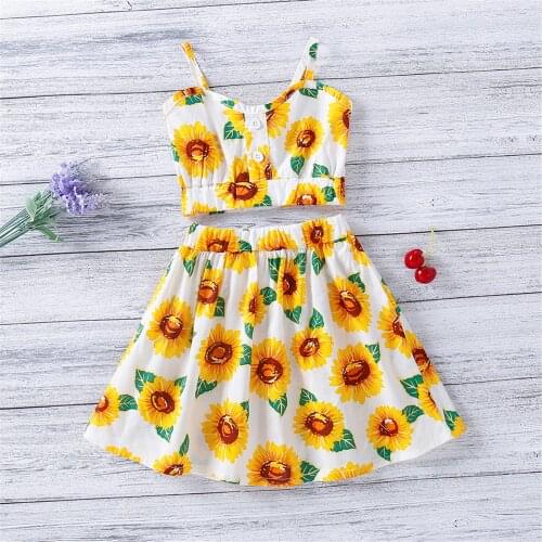 FOCUSNORM 1-6Y Summer Lovely Girls Clothes Sets Sunflowers Print Ruffles Strapless Vest Tops A-Line Skirts
