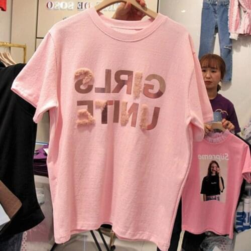 T-shirt Women Short Sleeve Letter Sweet Pink Kawaii Soft Ladies Trendy Student High Quality Womens Korean Style Leisure T-shirts