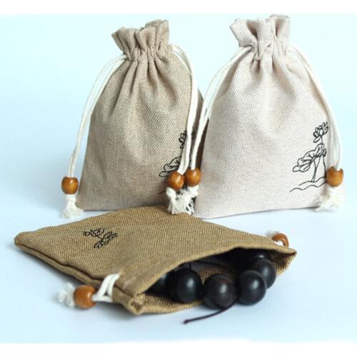 Chinese Style Lotus Linen Jute Fabric Gift Storage Bag Drawstring Pouch Package Jewelry Candy Tea Sundries Bags Travel Organizer