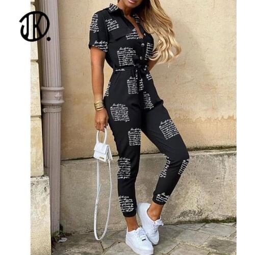 New Jumpsuits Letter Printed Summer Casual Bodysuit Lapel Belt Work Overalls For Streetwears Hot Sale Sexy Button Long Jumpsuit