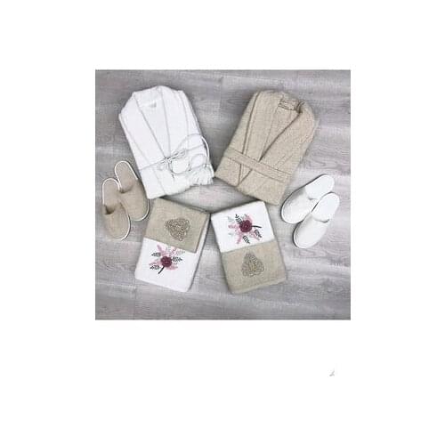 DowryWorld - Garden Embroidery Family Bathrobe Set (Beige and Cream Color)