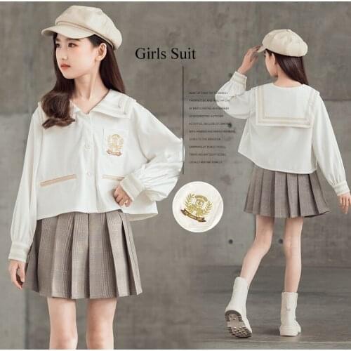 Childrens Suit 2021 Spring Summer Girls Clothing Set College Style Shirt Pleated Skirt Two-piece Teenage Student Outfit 13 14 Y