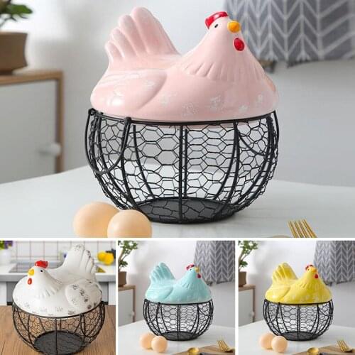 Metal Wire Basket with Ceramic Hens Cover Fruit Basket Egg Holder Decorative Kitchen Storage Baskets for Household Items CLH@8