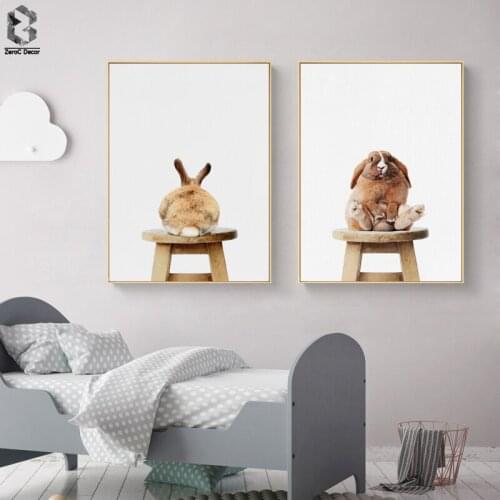 Cute Baby Animal Rabbit Tail Canvas Art Print and Poster, Nursery Woodlands Bunny Canvas Painting Nordic Wall Picture Home Decor