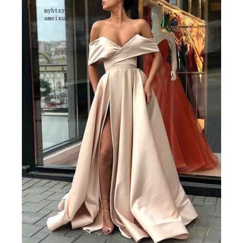 Muslim Evening Dresses 2020 Sexy V-neck Off The Shoulder Slit Sexy Islamic Dubai Saudi Arabic Long Elegant Evening Gown Cheap