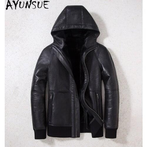 AYUNSUE Natural Fur Coat Short Mens Jackets Real Sheepskin Leather Jacket Men Shearling Hooded Winter 2020 Chaqueta Hombre 993