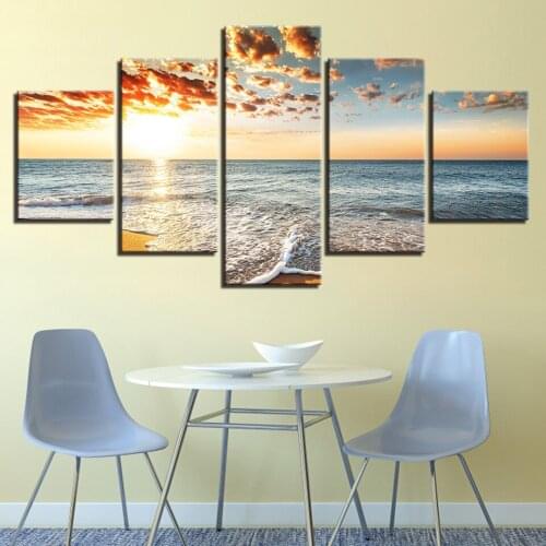 Wall Art Paintings Modular Framework Canvas Posters 5 Framework Sunshine Beach Sea Waves Seascape HD Prints Pictures Home Decor