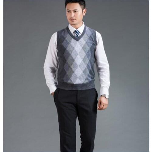 Autumn And Winter Argyle Patterns Knitting Wool Vest Mens v-Neck Plaid Sleeveless Cashmere Sweater Pullover