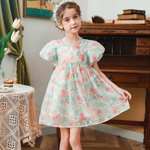Flower Printed Girls Dress Summer Dress 2021 New Children Floral Chiffon Puff Sleeve Princess Kids Tutu Dress for Teenager Girls