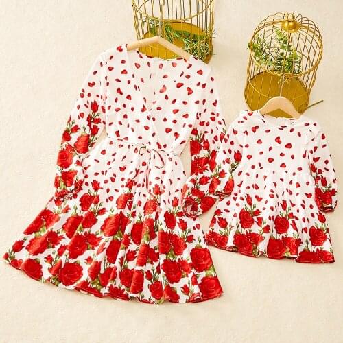 PopReal Fashion V-Neck Mom And Daughter Skirt Parent-Child Outfit Family Matching Outfits Flowers Print Dress