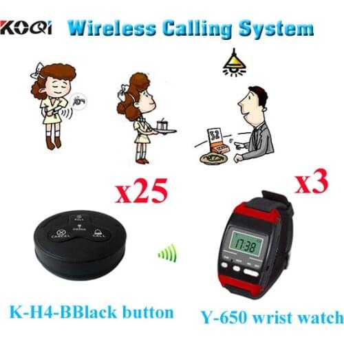 Restaurant Wireless Service Calling System CE Approved Restuarant Pager ( 3pcs wrist watch+ 25pcs call button)