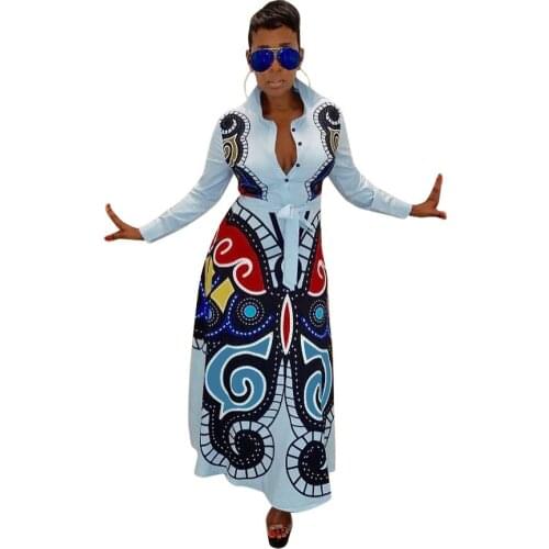 S-XXXL women new 3D butterfly printed long sleeve turn-down neck high waist fit flare long maxi dress casual vestidos GLD8239