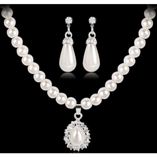 New Fashion Elegant Big Pearl Bridal Jewelry Sets Silver Color Crystal Alloy Teardrop Earrings & Necklace Sets For Women Gifts