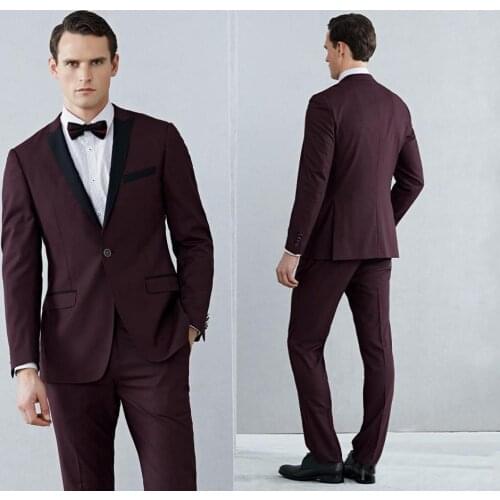 Shawl Claret Mens Suits Tuxedos Bridegroom Wedding Suit Formal Men Tuxedos Black And Red Jackets (Jacket+Pants+Bow Tie)