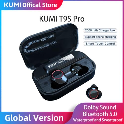 KUMI T9S Pro 2000mAh Charging Box TWS Bluetooth Earphone True Wireless LED Waterproof Sports HiFi Stereo Bass In Ear Earbuds