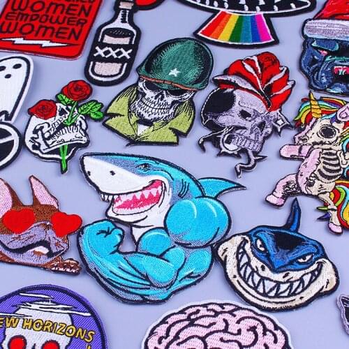 Punk Shark Embroidered Patches For Clothes Unicorn Skull Embroidery Patches For Clothing Stripes Applique Hippie Patch Badges