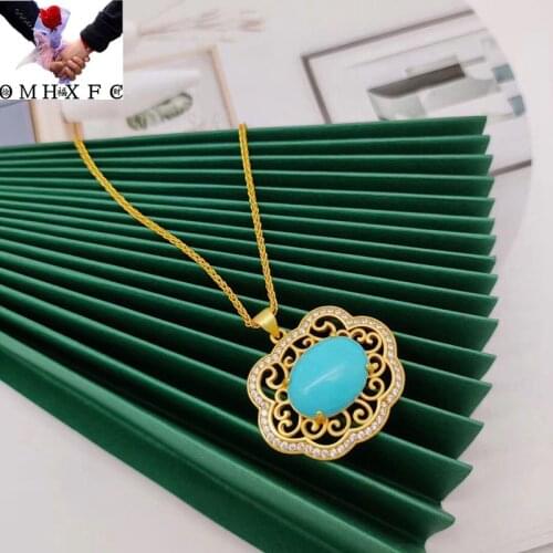 OMHXFC Jewelry Wholesale YM899 European Fashion Woman Party Birthday Wedding Gift Peace Buckle Turquoise 24KT Gold Pendant Charm