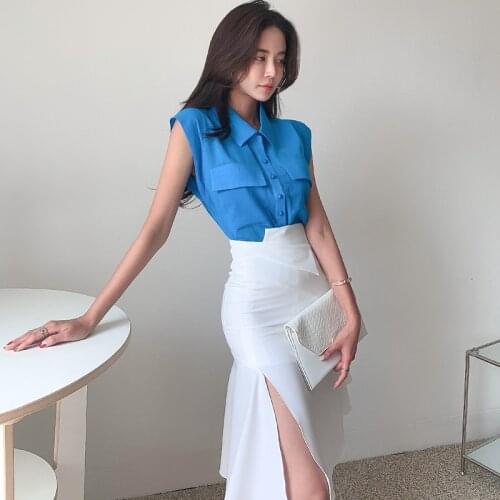 New Occupation 2-Piece Suits Women 2021 Summer Elegant Sleeveless Blouse Crop Top & Split Ruffles Mermaid Skirt OL Work Set