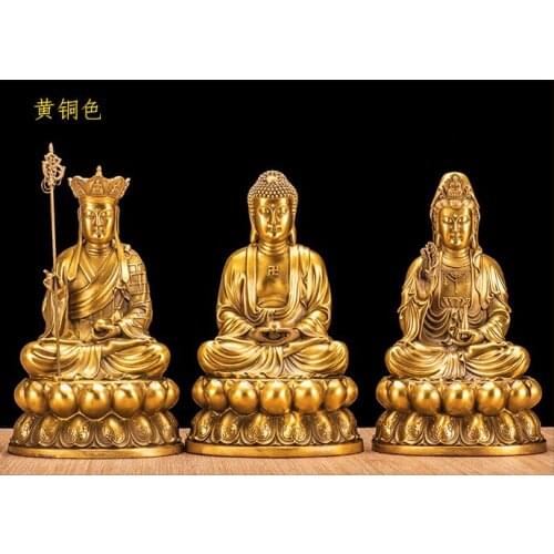 3P -26CM Sakyamuni Ksitigarbha GUANYIN THREE Buddha figures HOME family Protection feng shui copper Sculpture statue