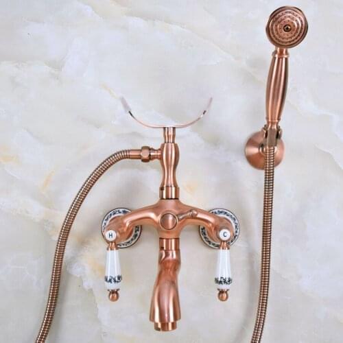Antique Red Copper Brass Double Ceramic Handles Wall Mounted Bathroom Clawfoot Bathtub Tub Faucet Mixer Tap w/Hand Shower ana368
