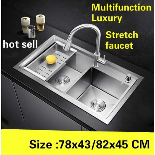 Free shipping Apartment luxury kitchen manual sink double groove stretch faucet 304 stainless steel hot sell 780x430/820x450 MM