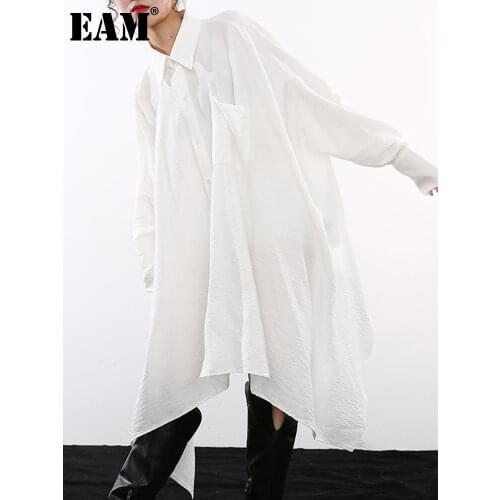[EAM] Women Long White Asymmetrical Big Size LongBlouse New Lapel Long Sleeve Loose Fit Shirt Fashion Spring Autumn 2021 1S66800